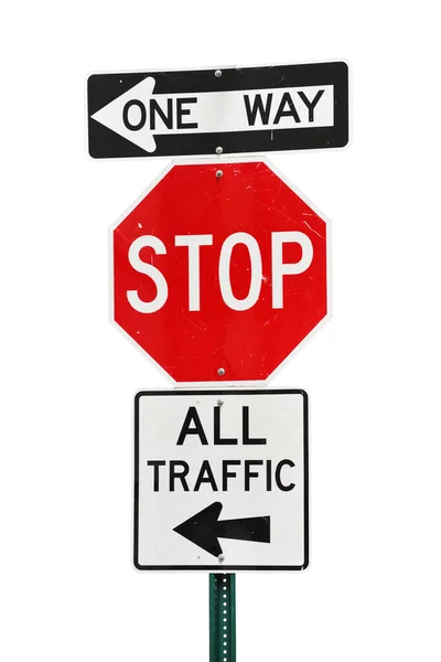 Old Road Signs Text Stop One Way All Traffic Isolated — Stock Photo, Image