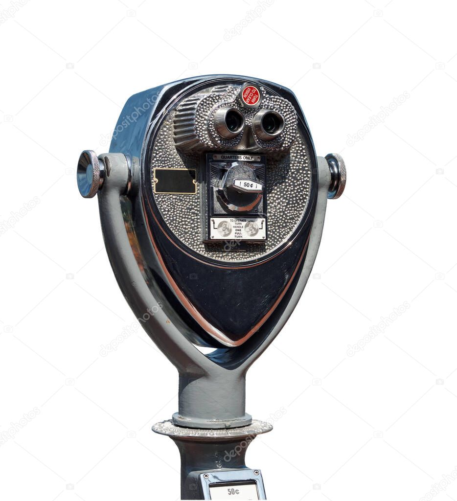 Coin operated public binoculars on white background