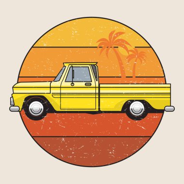 Plaj arka planında bir kamyonet var. Vektör illüstrasyonu