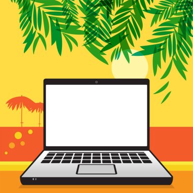 Tropikal plaj arka planında dizüstü bilgisayar veya dizüstü bilgisayar, boş ekran ile iş konsepti, vektör illüstrasyonu