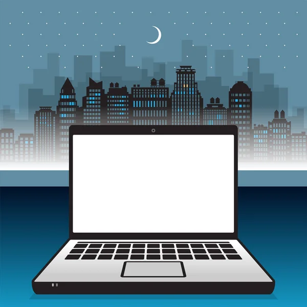 Laptop Notebook Computer Night City Skyline Background Business Concept Empty — Stock Vector