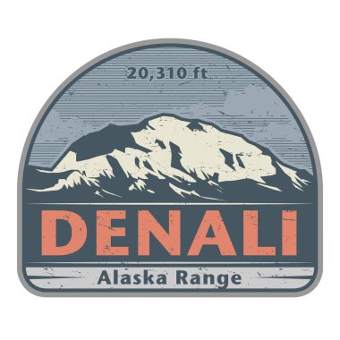 Denali (McKinley Dağı olarak da bilinir) dağ zirvesi ile stiker veya etiket. Vektör illüstrasyonu