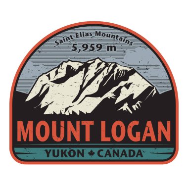 Kanada, Yukon 'daki Mount Logan dağ zirvesi etiketli çıkartma veya etiket. Vektör illüstrasyonu