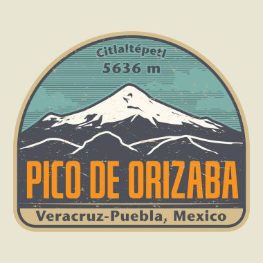 Veracruz-Puebla, Meksika 'daki Pico de Orizaba dağ zirvesi etiketli ya da etiketli. Vektör illüstrasyonu