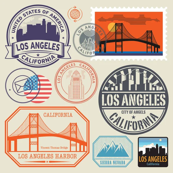 Stämpel Set Med Namn Kalifornien Los Angeles Vektor Illustration — Stock vektor