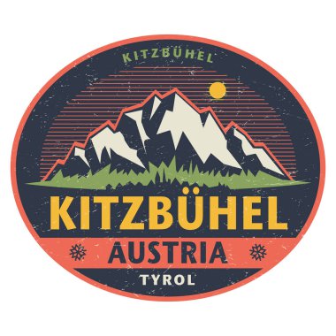 Dağlı çıkartma ya da etiket ve Kitzbuhel, Avusturya 'ya mesaj. Vektör illüstrasyonu