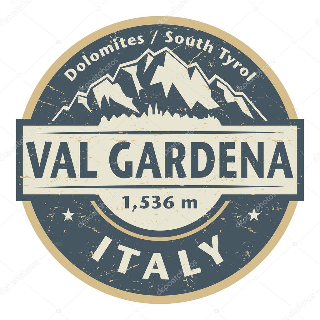 Stamp or label with text Val Gardena, Italy inside, vector illustration