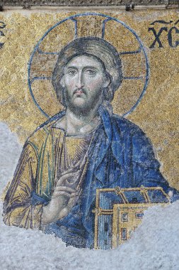 İstanbul - Ağustos 07: Deesis - Ayasofya kilisesinde Bizans mozaiği, 7 Ağustos 2013 'te İstanbul, Türkiye' de İsa Mesih 'i gösteriyor.