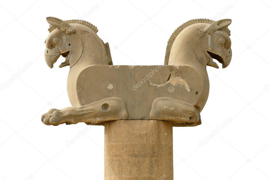Statue of a double-headed griffin at the ruins of Persepolis, Iran, on white background