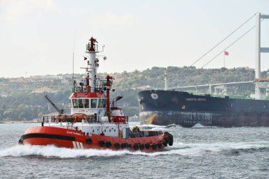 İstanbul - 08 Ağustos 2013: İstanbul, Türkiye 'de İstanbul Boğazı' ndaki gemiler. Türk Boğazı 'ndan her yıl yaklaşık 50 bin gemi geçiyor.