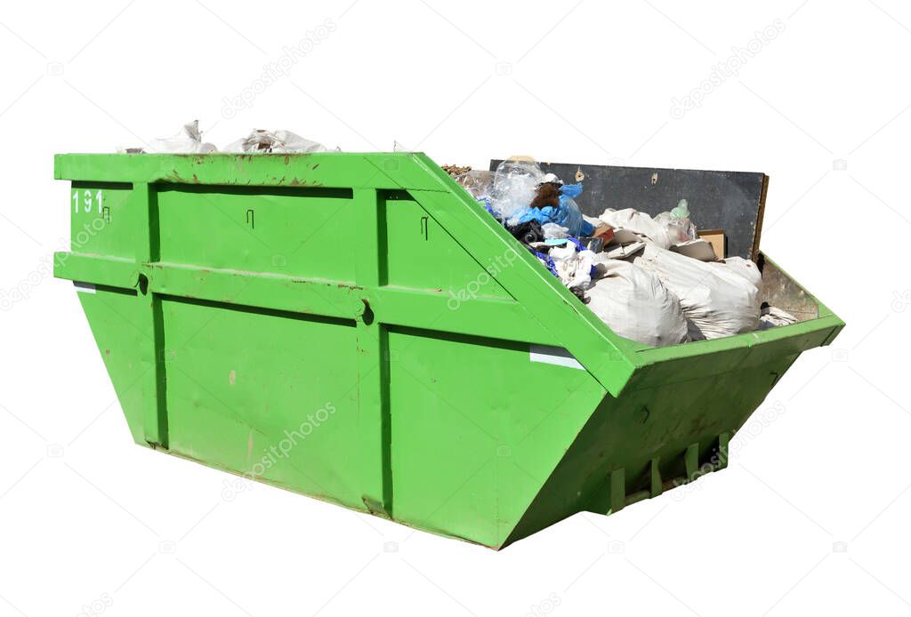 Green skip (dumpster) for municipal waste or industrial waste, Isolated on white background
