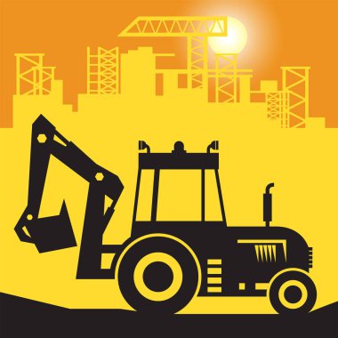İnşaat alanında kepçe yükleyici çalışması, vektör illüstrasyonu