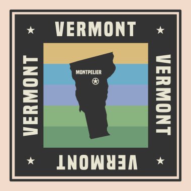 ABD eyaleti Vermont 'un silueti ve ismi ile soyut kare damgası veya imzası, vektör illüstrasyon