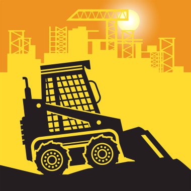 Küçük Yükleyici Traktör inşaat alanında çalışıyor, vektör illüstrasyonu