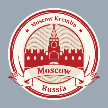 Moskova Kremlin ile damgala veya etiketle ve Moskova 'ya mesaj at, Rusya içinde, vektör illüstrasyonu