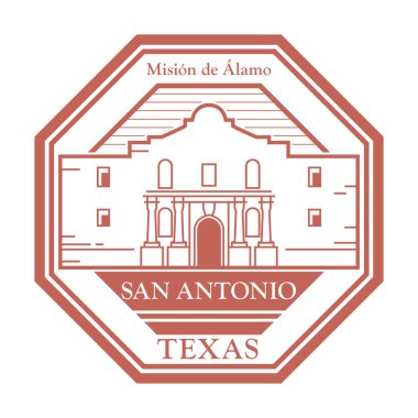 Stamp or label with name of Alamo Mission (Mision San Antonio de Valero) in San Antonio, Texas, inside, vector illustration clipart