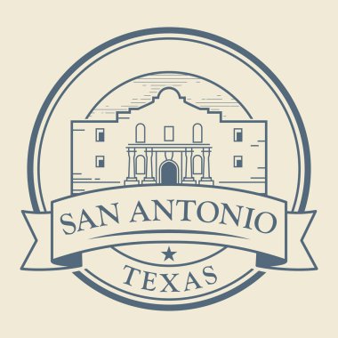 Stamp or label with Alamo Mission in San Antonio, Texas, inside, vector illustration clipart