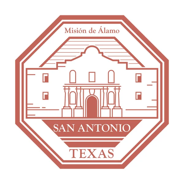 Stempel Etiket Met Naam Van Alamo Mission Mision San Antonio — Stockvector
