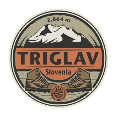 Slovenya 'nın Triglav Dağı zirvesi, vektör illüstrasyonu adı altında soyut damga veya amblem