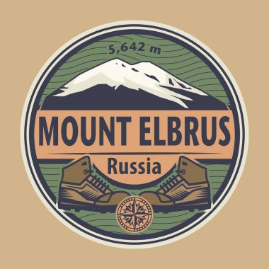 Rusya 'daki Elbrus Dağı' nın zirvesi adı altında soyut damga veya amblem, vektör illüstrasyonu