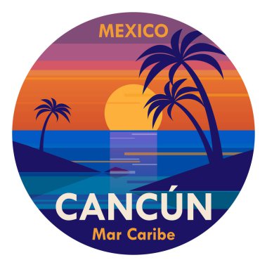 Tropikal plajla damgala veya etiketle ve içinde Cancun, Mexico yazıyor, vektör illüstrasyonu
