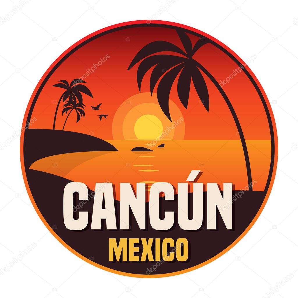 Stamp or label with the tropical beach and words Cancun, Mexico written inside, vector illustration