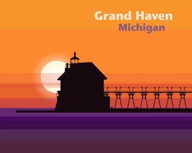 Michigan Gölü 'ndeki Grand Haven Deniz Feneri, soyut vektör çizimi