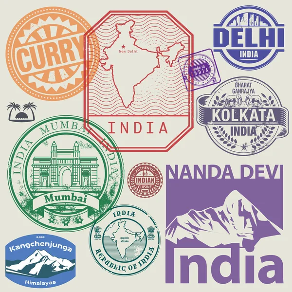 Conjunto Sellos Símbolos Viaje India Theme Vector Illustration — Vector de stock