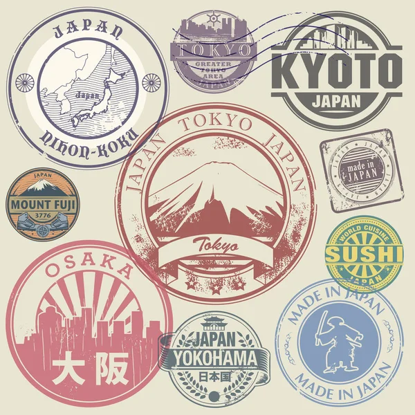 Travel Stamps Adventure Symbols Set Japan Theme Names Cities Also — Stock Vector