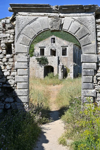 Vieille Périthie Île Corfou Ancien Village Incroyables Ruines Maisons Pierre — Photo
