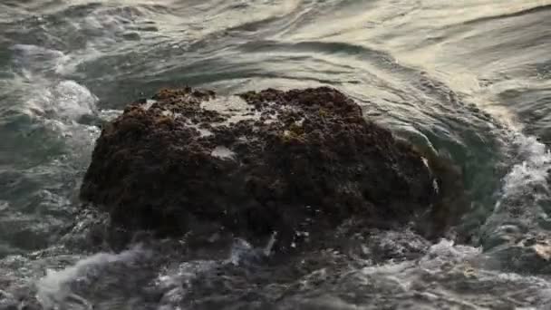 岩を流れる波の流れの遅い動き 海の石の近くに流れる水で波がうねり — ストック動画