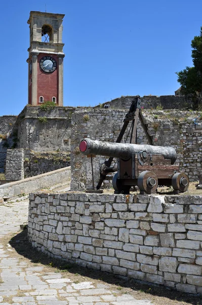 Ilha Corfu Junho Torre Relógio Velho Fortaleza Veneziana Kerkyra Junho — Fotografia de Stock