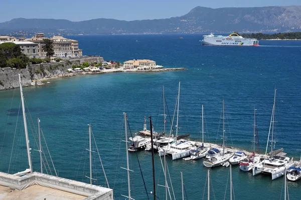 Corfu Island June View Sea Boats Old Venetian Fortress June — Stock Photo, Image