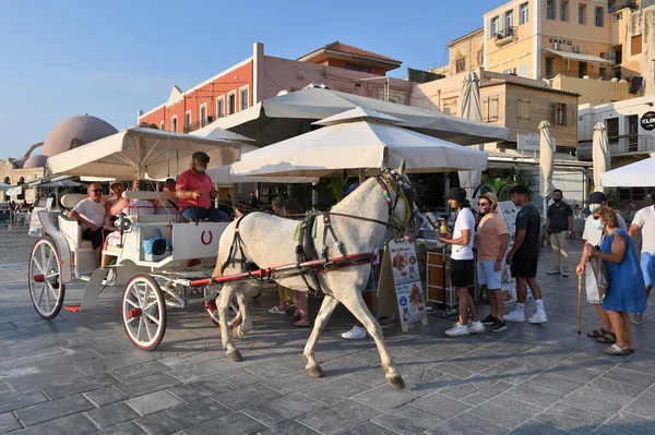 Chania July Horse Carriage Center City Chania Lots Tourists Summer — Stock Photo, Image