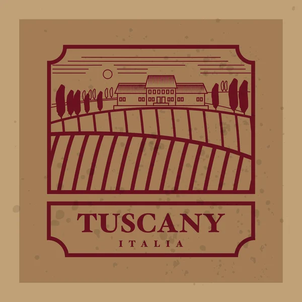 Landsbygdens landskap med fält och kullar med text Toscana, ita — Stock vektor