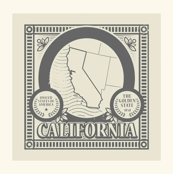 Grunge timbro di gomma con nome e mappa di California, USA — Vettoriale Stock