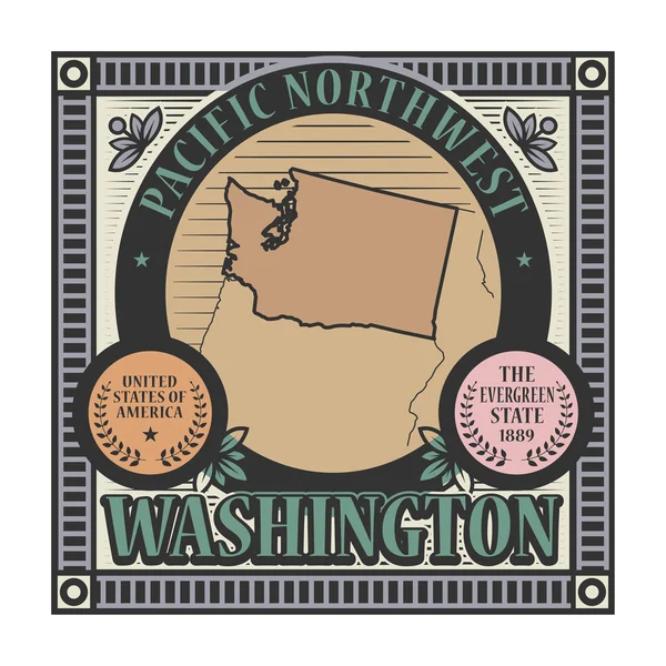 Briefmarke oder Etikett mit Namen und Karte von Washington, USA — Stockvektor