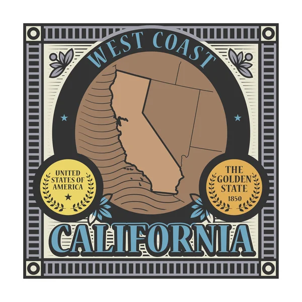 Timbre ou étiquette avec le nom et la carte de California, USA — Image vectorielle