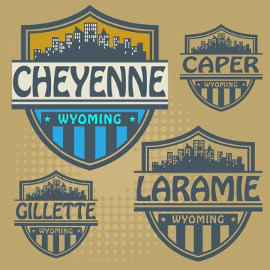 Label set with names of Wyoming cities clipart
