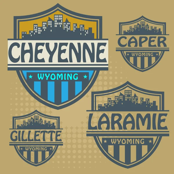 Set de etiquetas con nombres de ciudades de Wyoming — Vector de stock