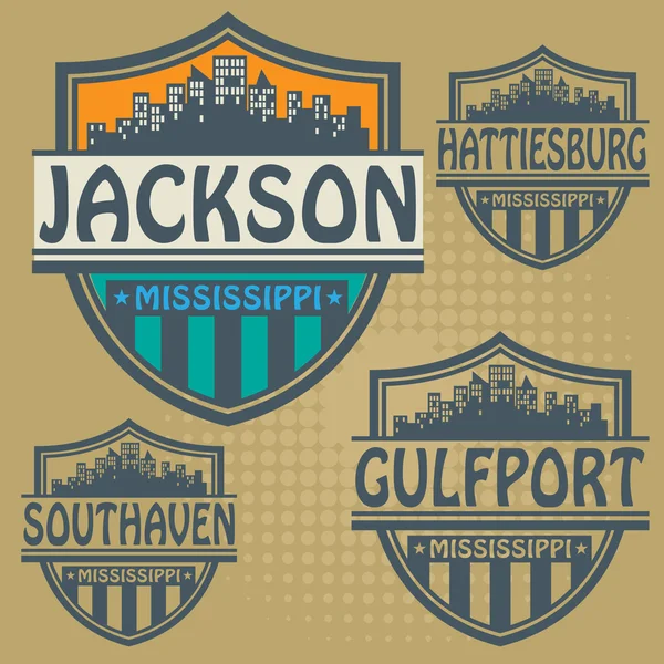 Etykiety z nazwami miast, Mississippi — Wektor stockowy