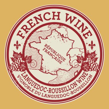 Stamp with words French Wine, Languedoc-Roussillon wine clipart