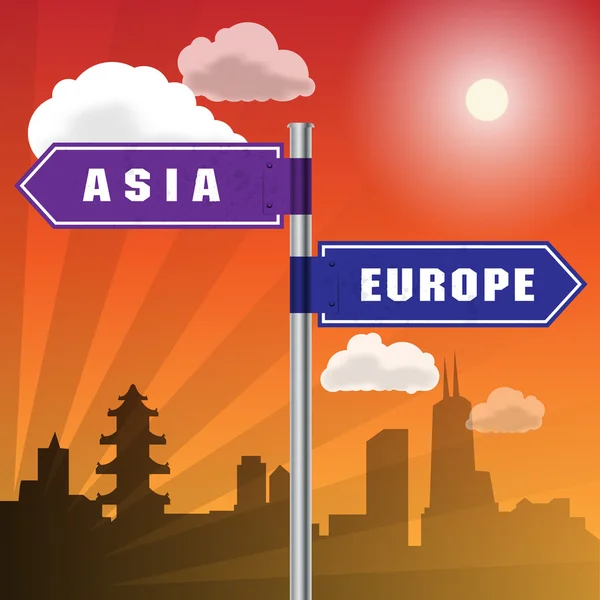 Señal de tráfico con palabras Asia, Europa — Vector de stock