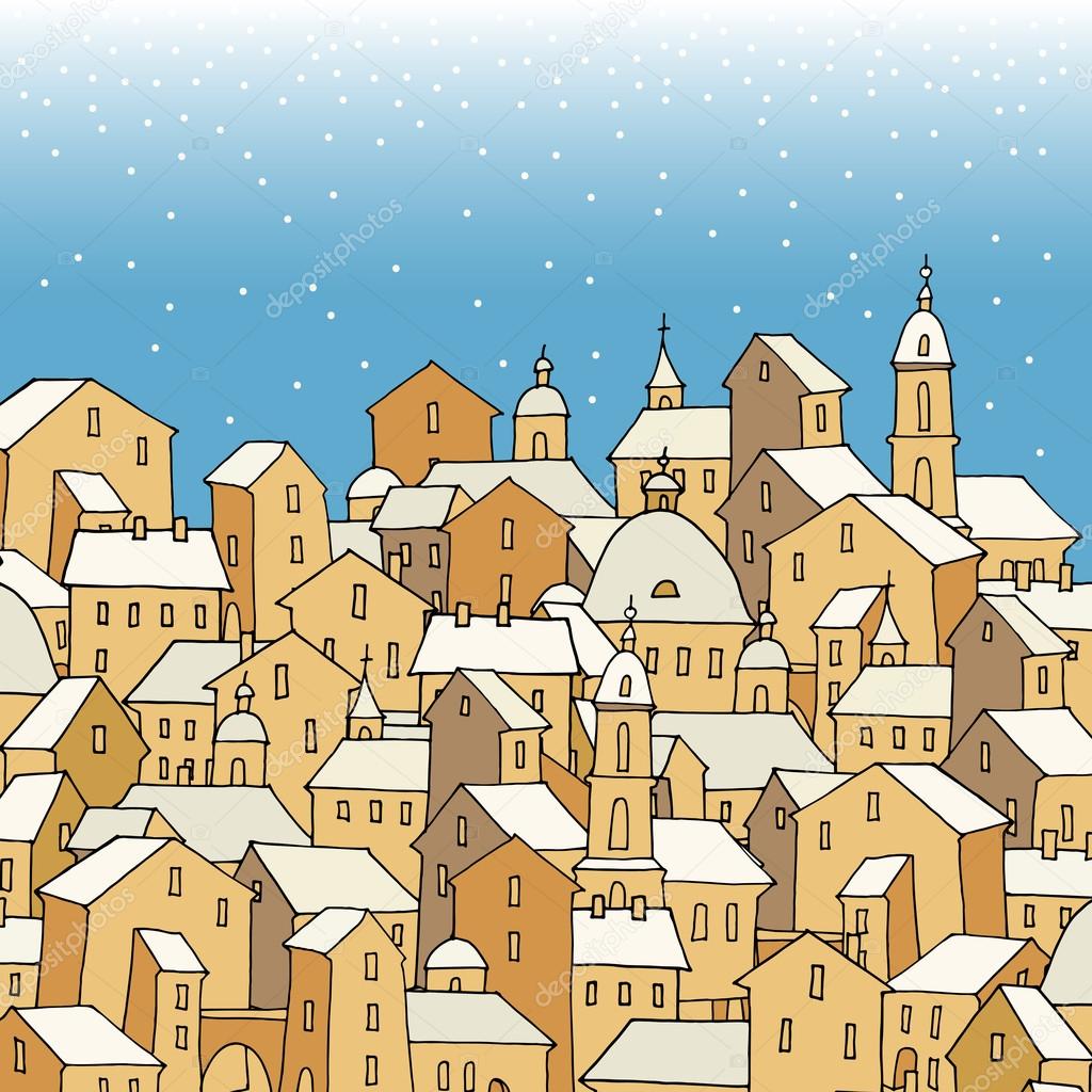 Cartoon hand drawing city, winter