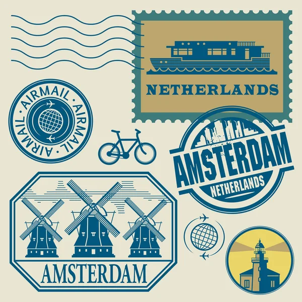 Stamps set with words Netherlands, Amsterdam — Stock Vector