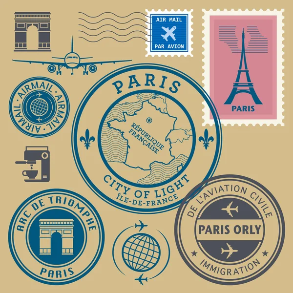 Travel stamps set, Paris theme — Stock Vector