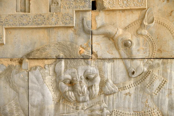 Bull and a lion at the ruins of Persepolis in Iran — Stock Photo, Image