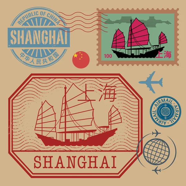 Sellos de viaje con el texto Shanghai — Archivo Imágenes Vectoriales