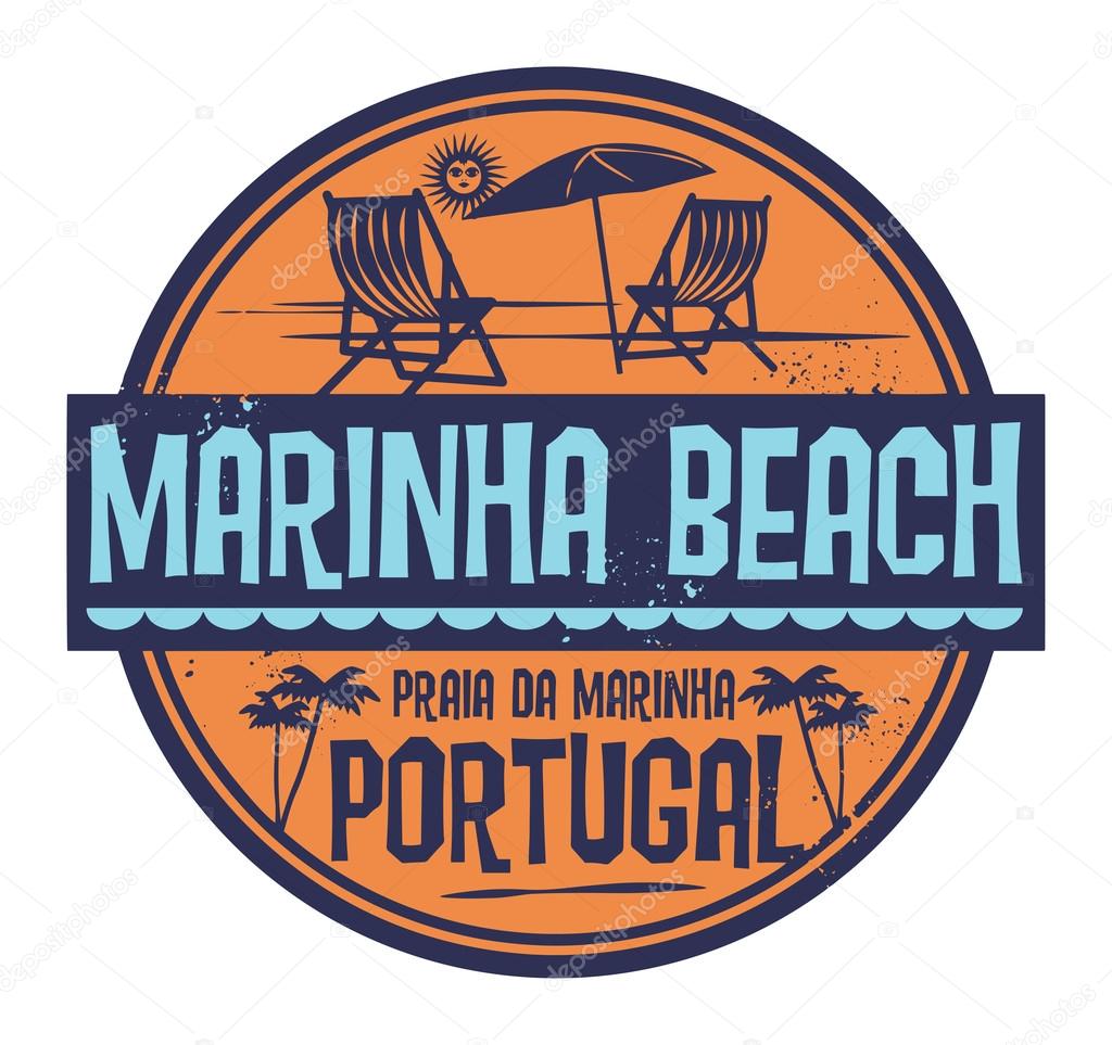 Stamp with words Marinha Beach, Portugal written inside