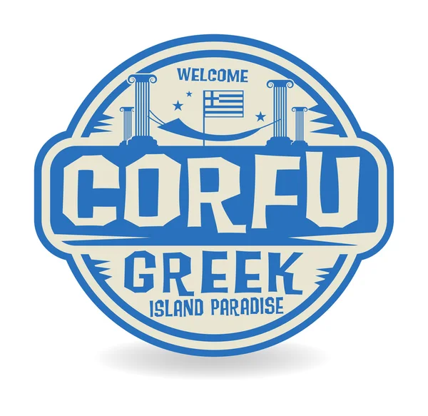 Stamp or label with the name of Corfu, Greek Island Paradise — Stok Vektör